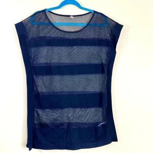 La Moda Black Sheer Mesh Striped Sleeveless Blouse